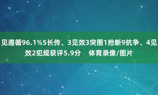 见遵循96.1%5长传、3见效3突围1抢断9抗争、4见效2犯规获评5.9分    体育录像/图片